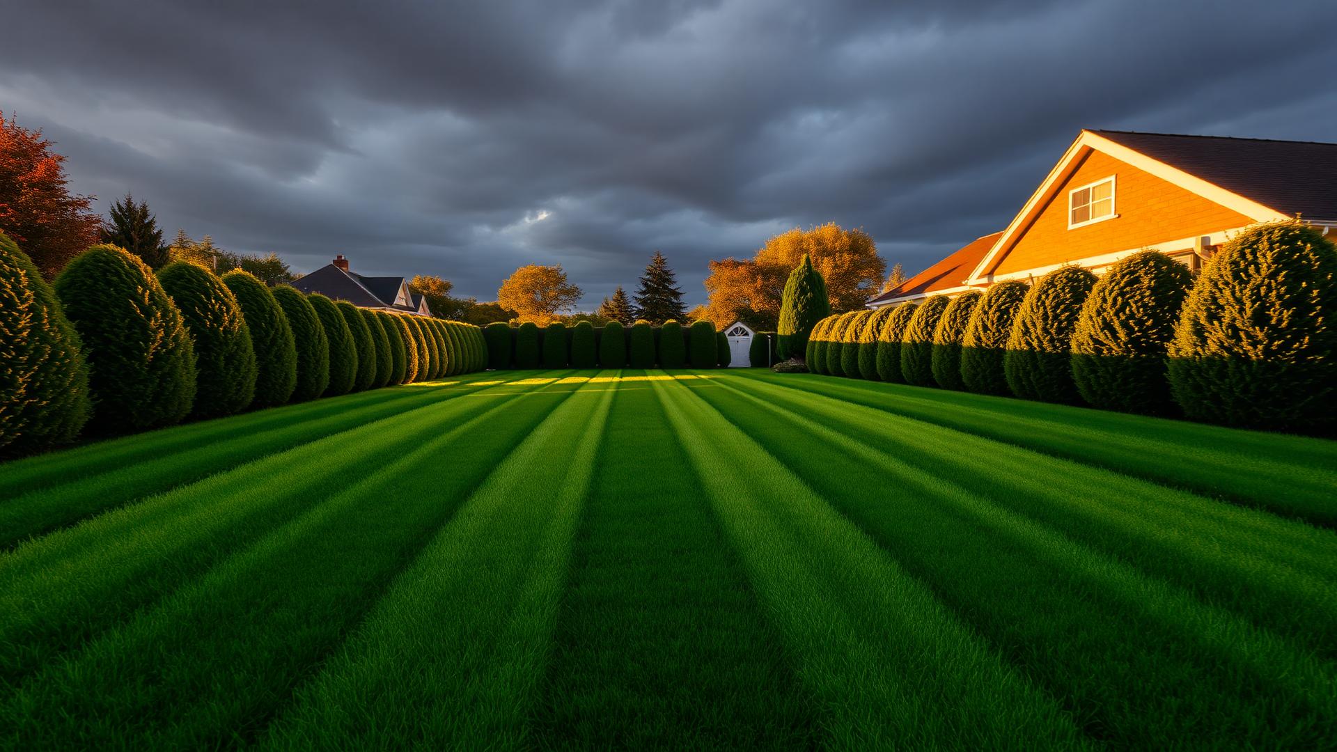 Freshly mowed lawn with crisp mower stripes at golden hour