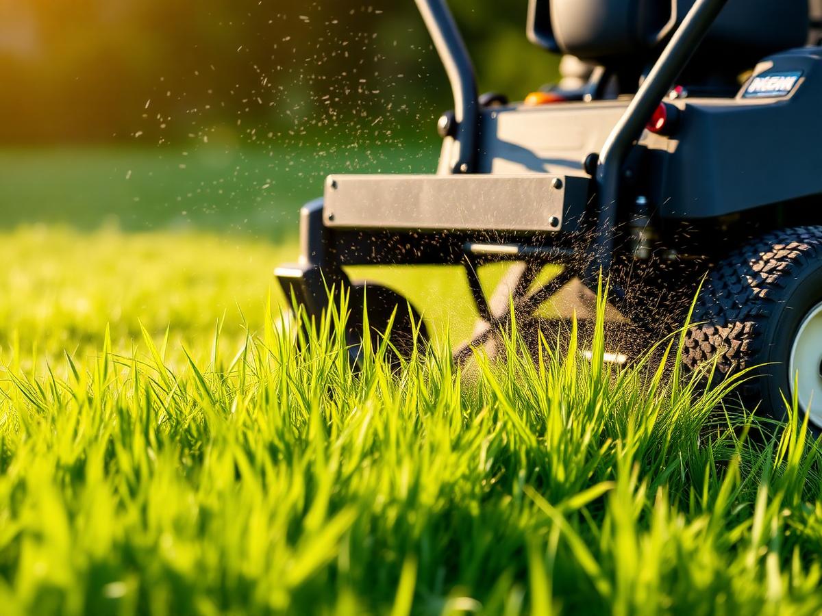 Zero-turn mower cutting thick green grass